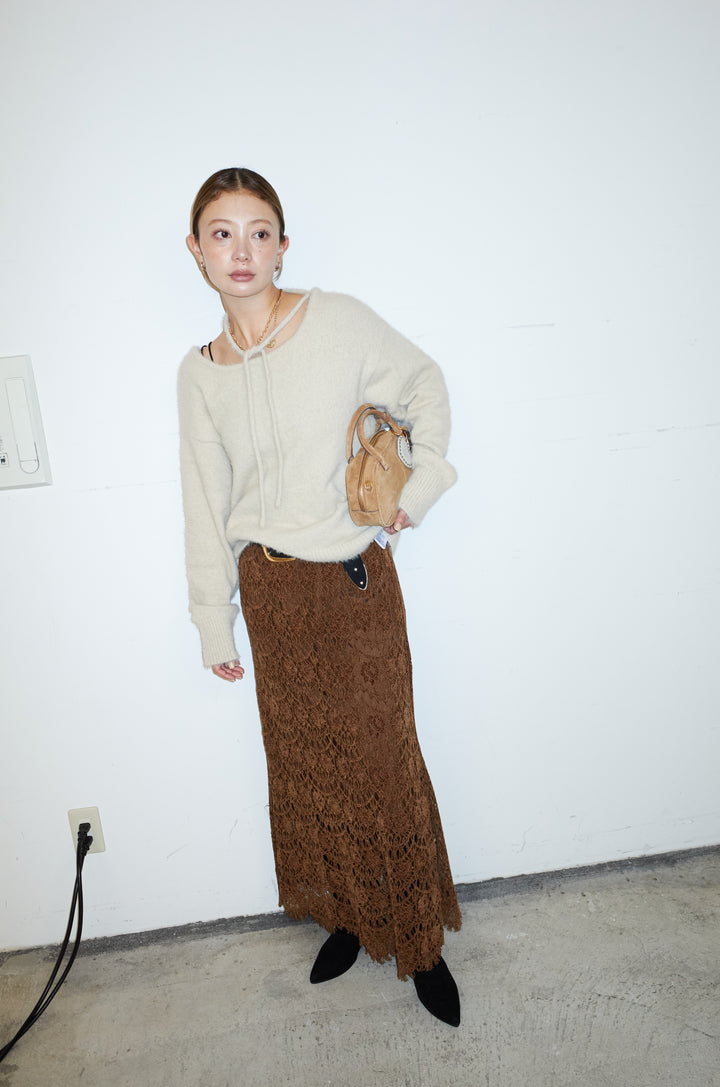 [予約/SET]ループ付きミニフェザーニット+レース刺繍ロングスカート(2set)