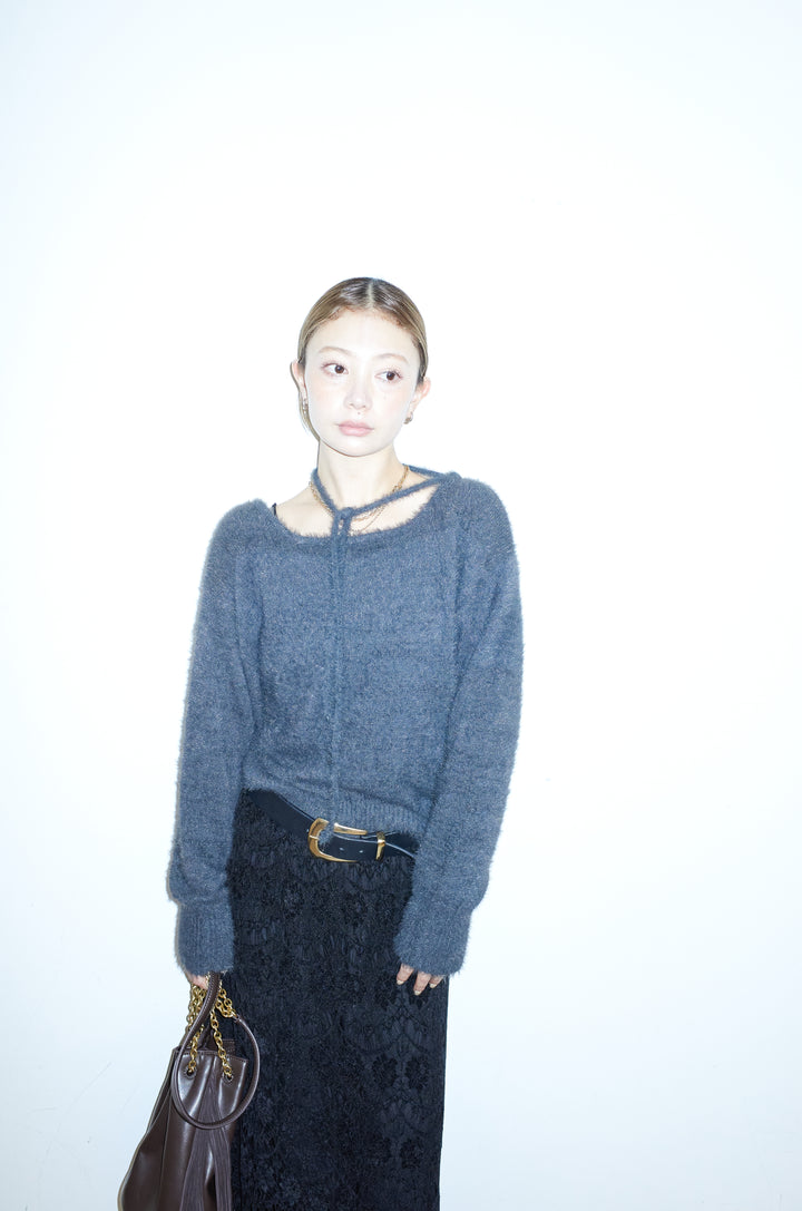 [予約/SET]ループ付きミニフェザーニット+レース刺繍ロングスカート(2set)