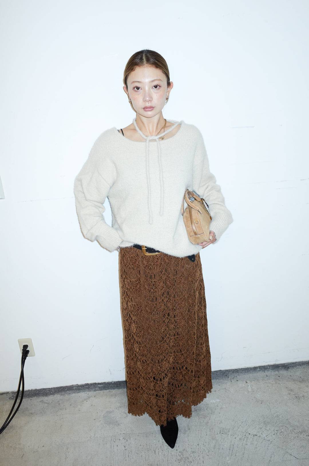 [予約/SET]ループ付きミニフェザーニット+レース刺繍ロングスカート(2set)