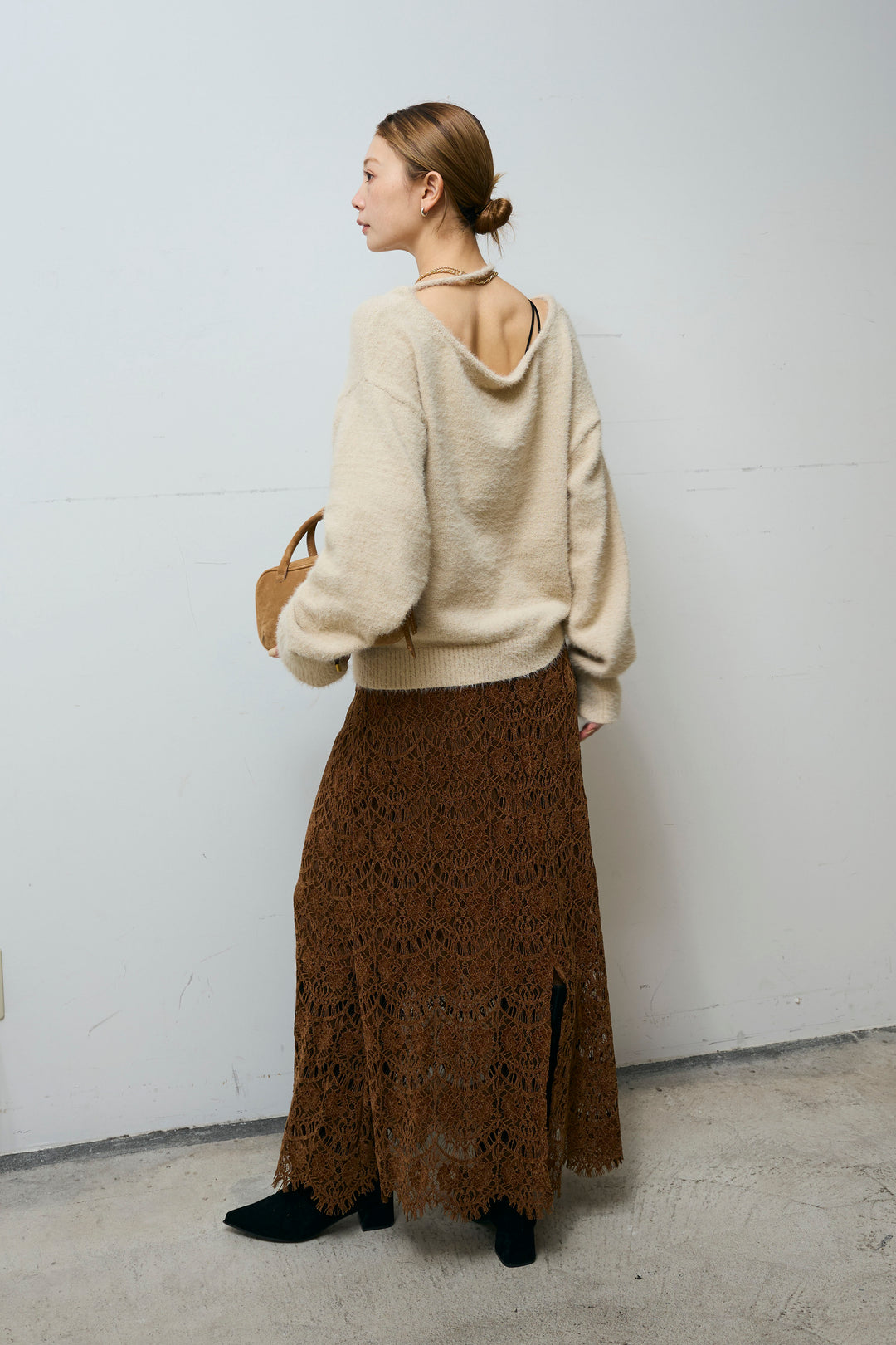 [予約/SET]ループ付きミニフェザーニット+レース刺繍ロングスカート(2set)