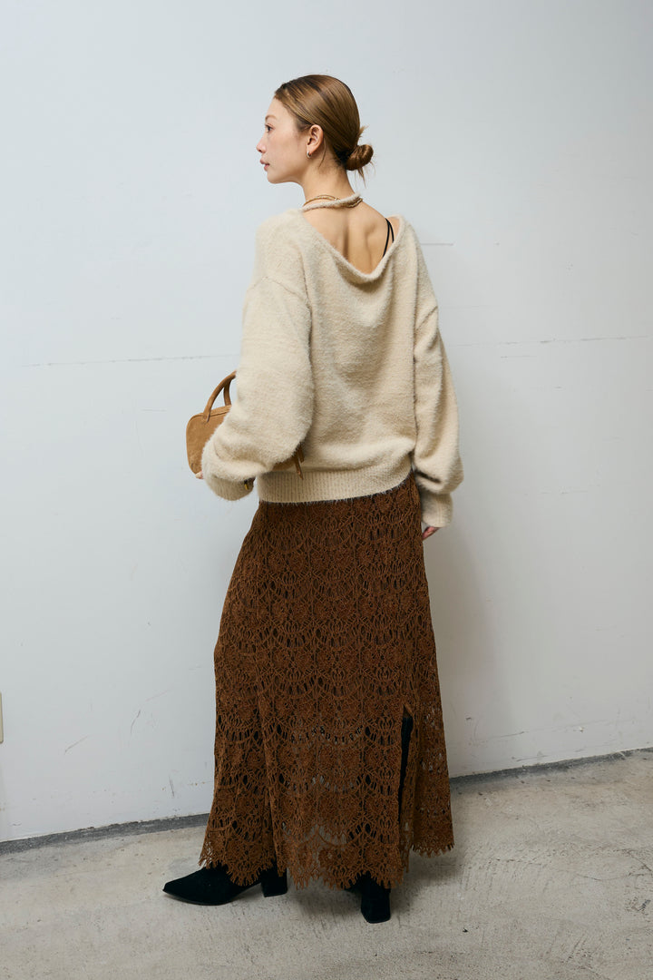 [予約/SET]ループ付きミニフェザーニット+レース刺繍ロングスカート(2set)