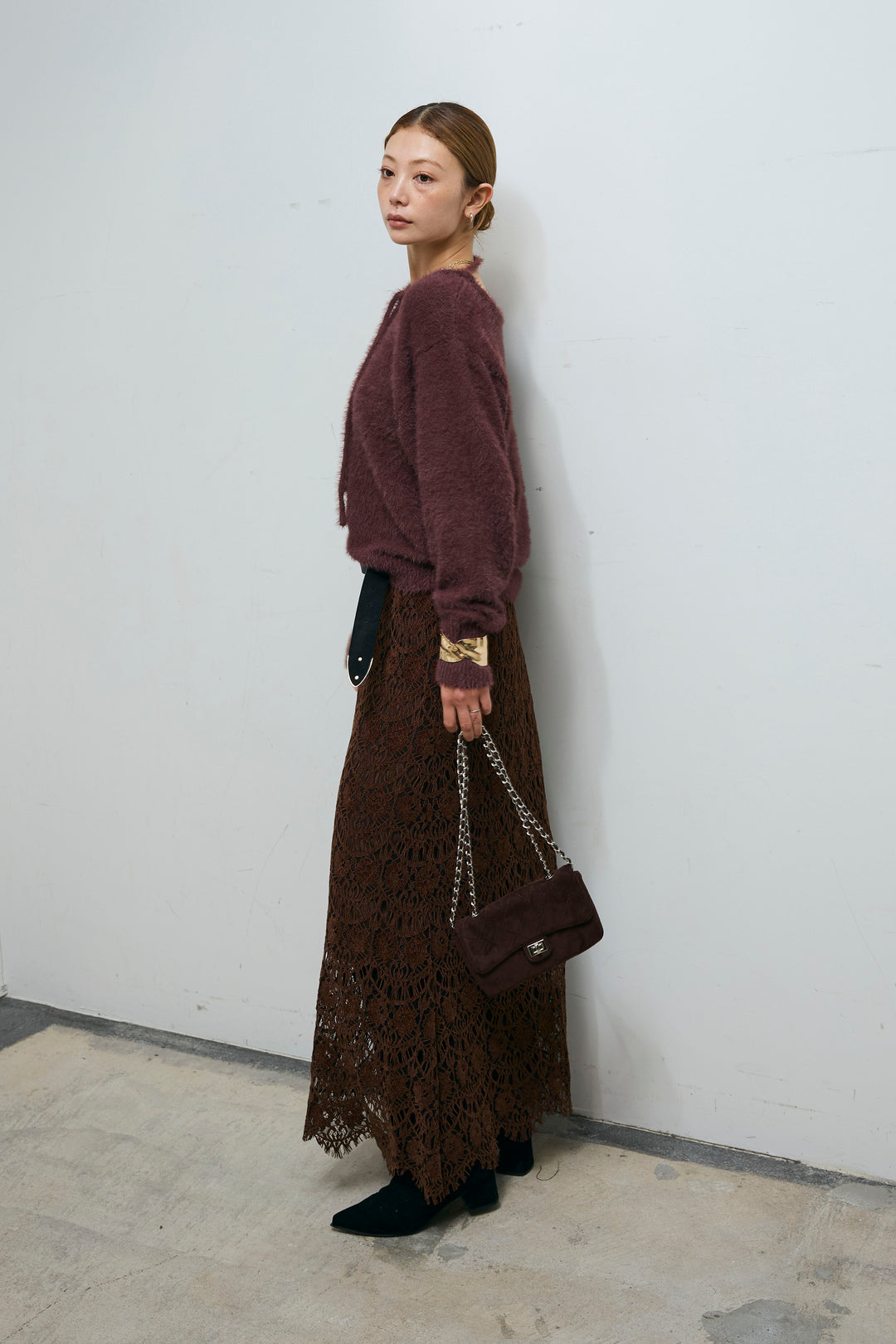 [予約/SET]ループ付きミニフェザーニット+レース刺繍ロングスカート(2set)