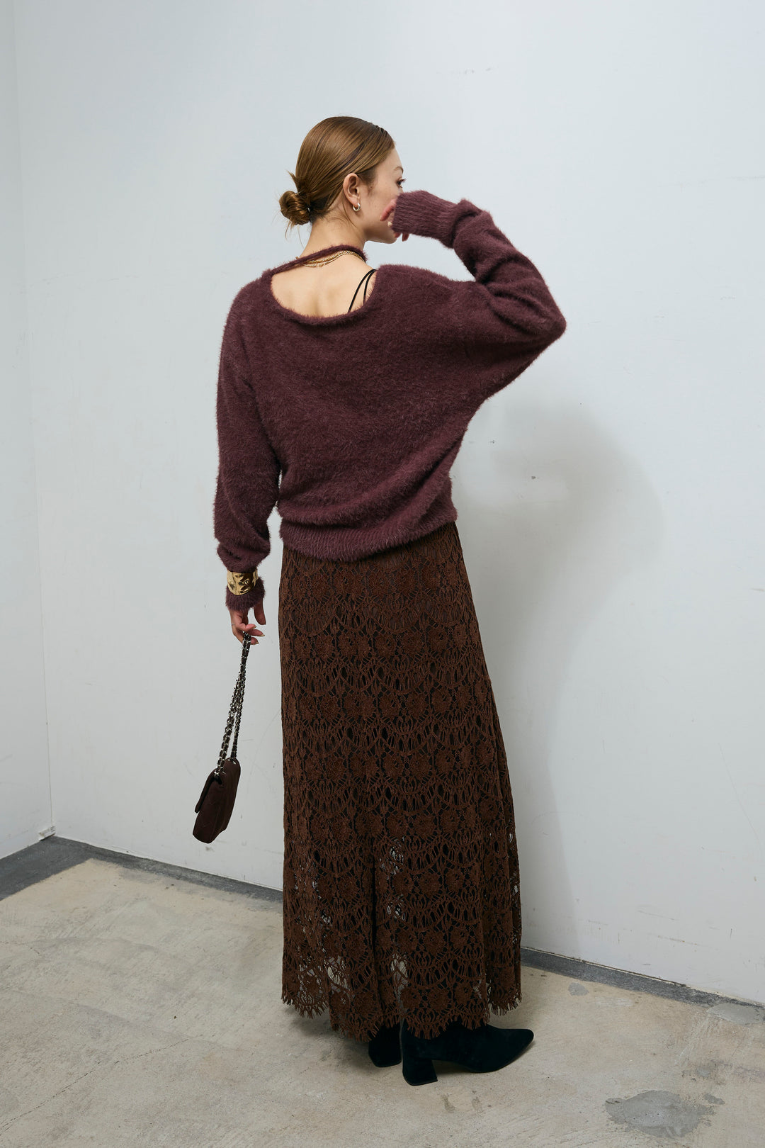 [予約/SET]ループ付きミニフェザーニット+レース刺繍ロングスカート(2set)