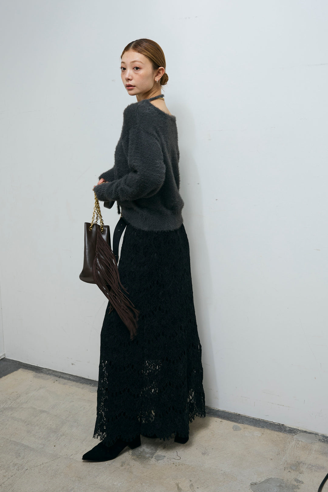 [予約/SET]ループ付きミニフェザーニット+レース刺繍ロングスカート(2set)