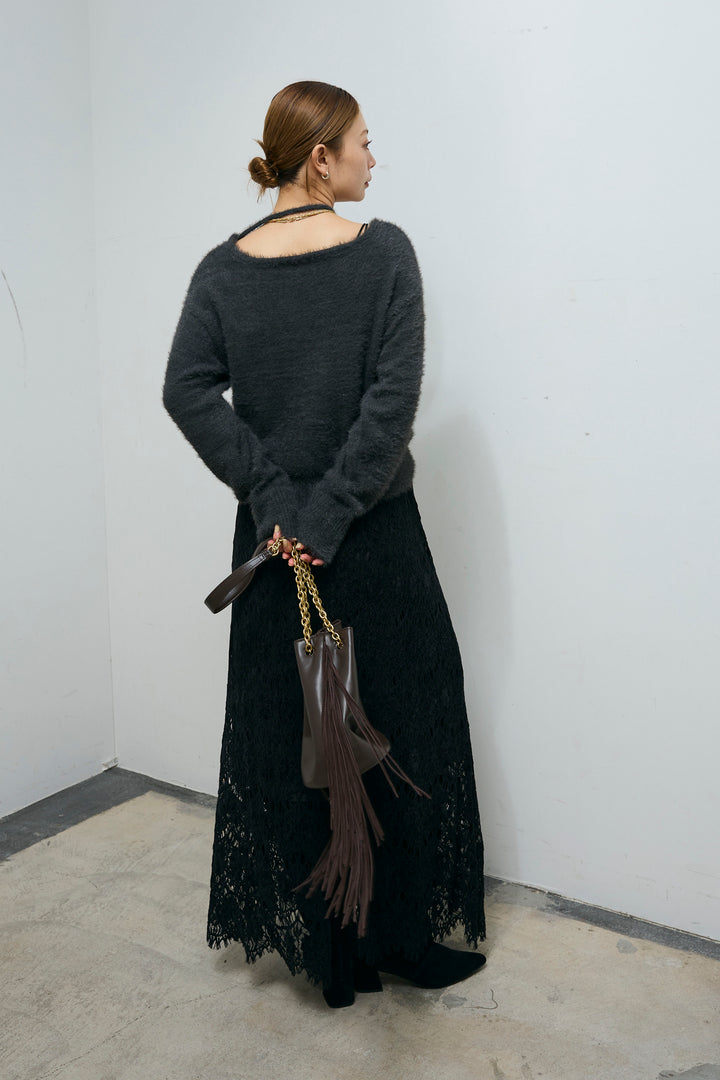 [予約/SET]ループ付きミニフェザーニット+レース刺繍ロングスカート(2set)