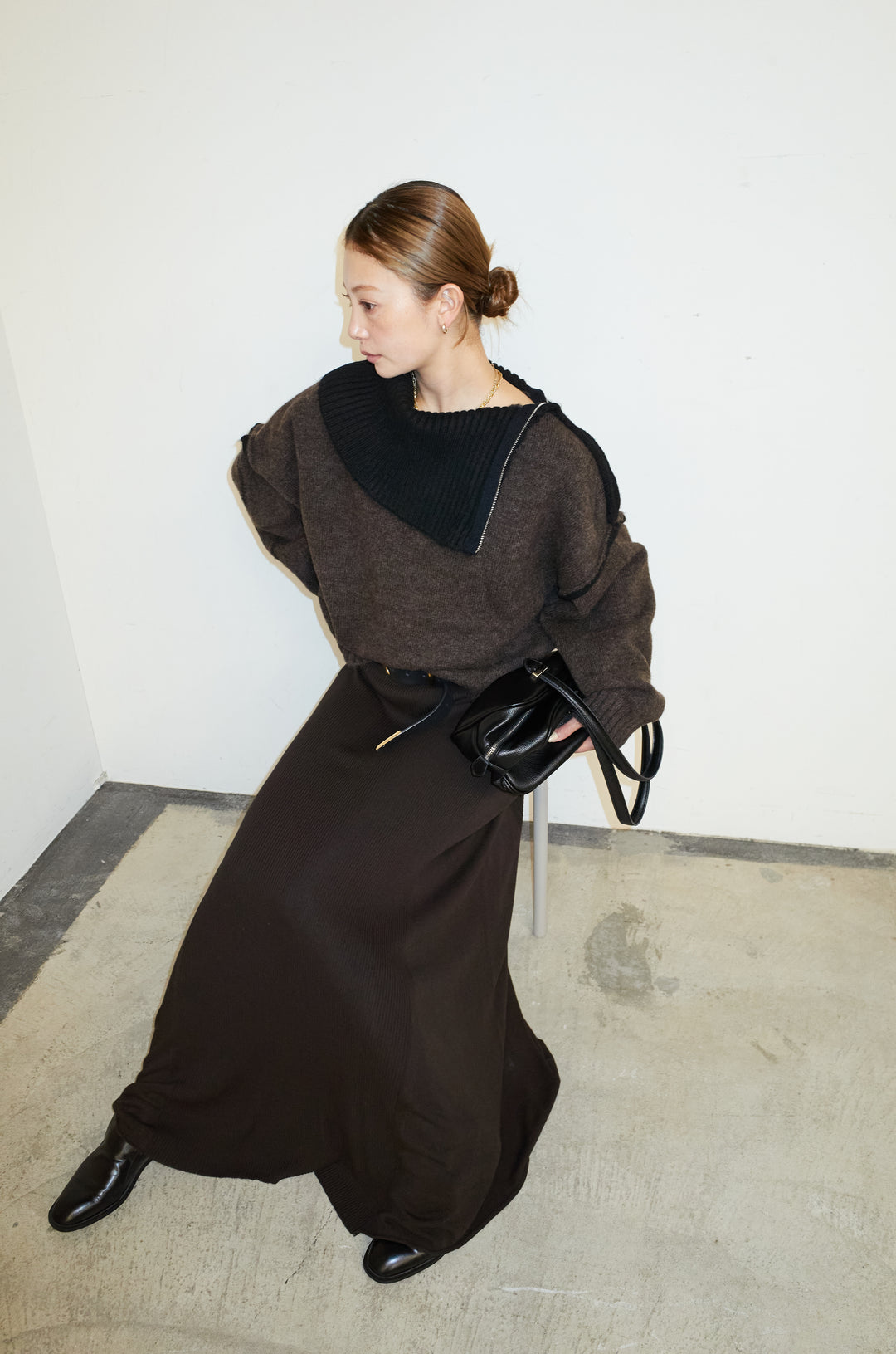 [予約/SET]ハイネックジップデザインニットトップス+切り替えリブニットロングスカート(2set)