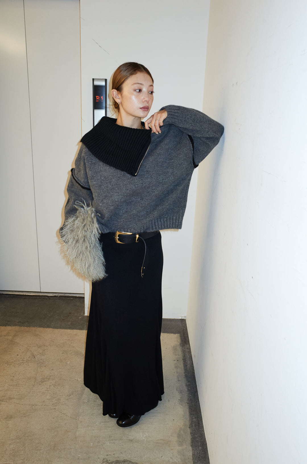 [予約/SET]ハイネックジップデザインニットトップス+切り替えリブニットロングスカート(2set)