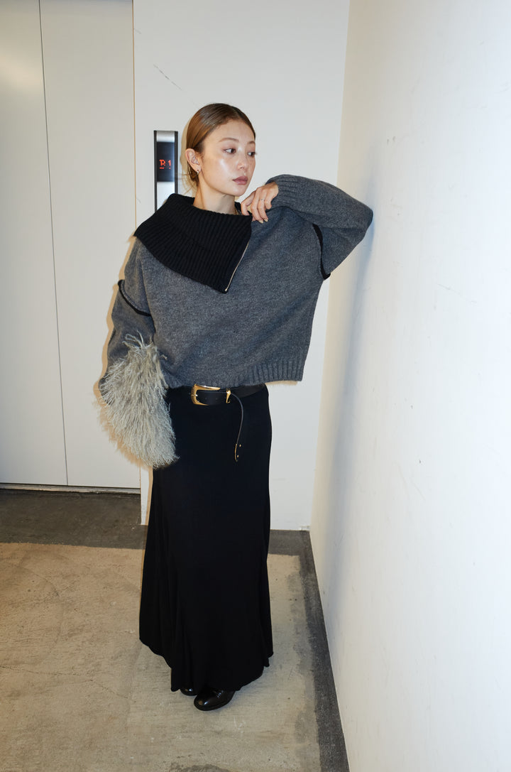 [予約/SET]ハイネックジップデザインニットトップス+切り替えリブニットロングスカート(2set)