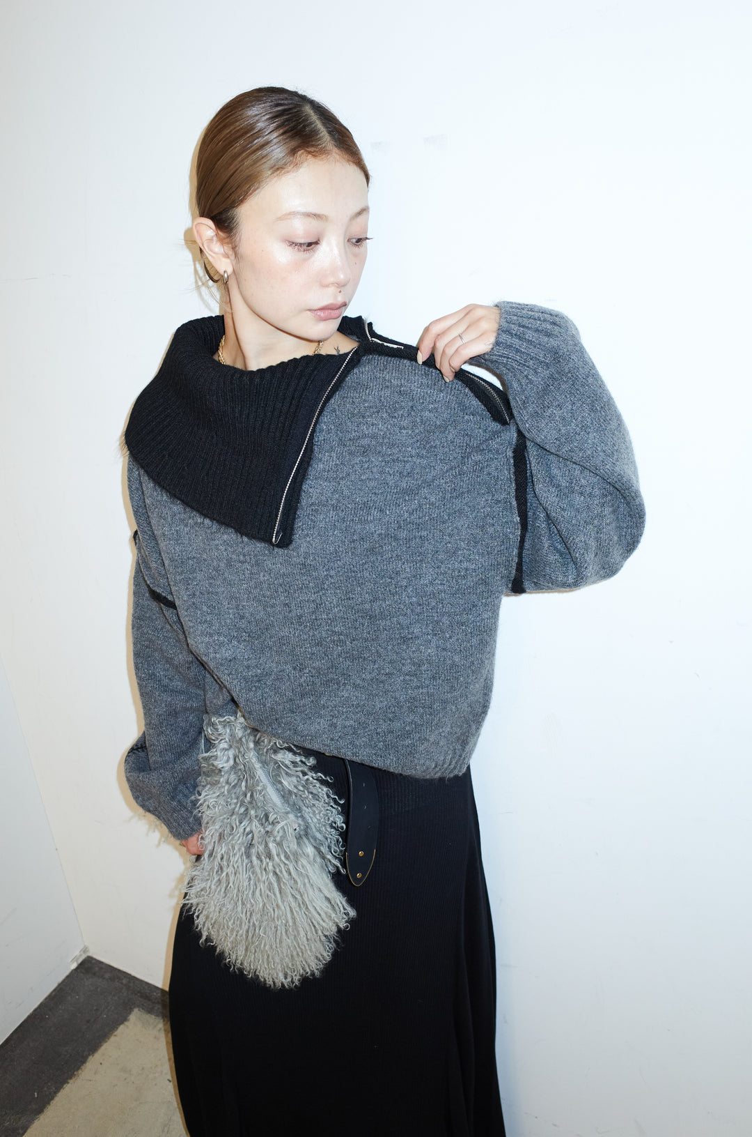 [予約]ハイネックジップデザインニットトップス