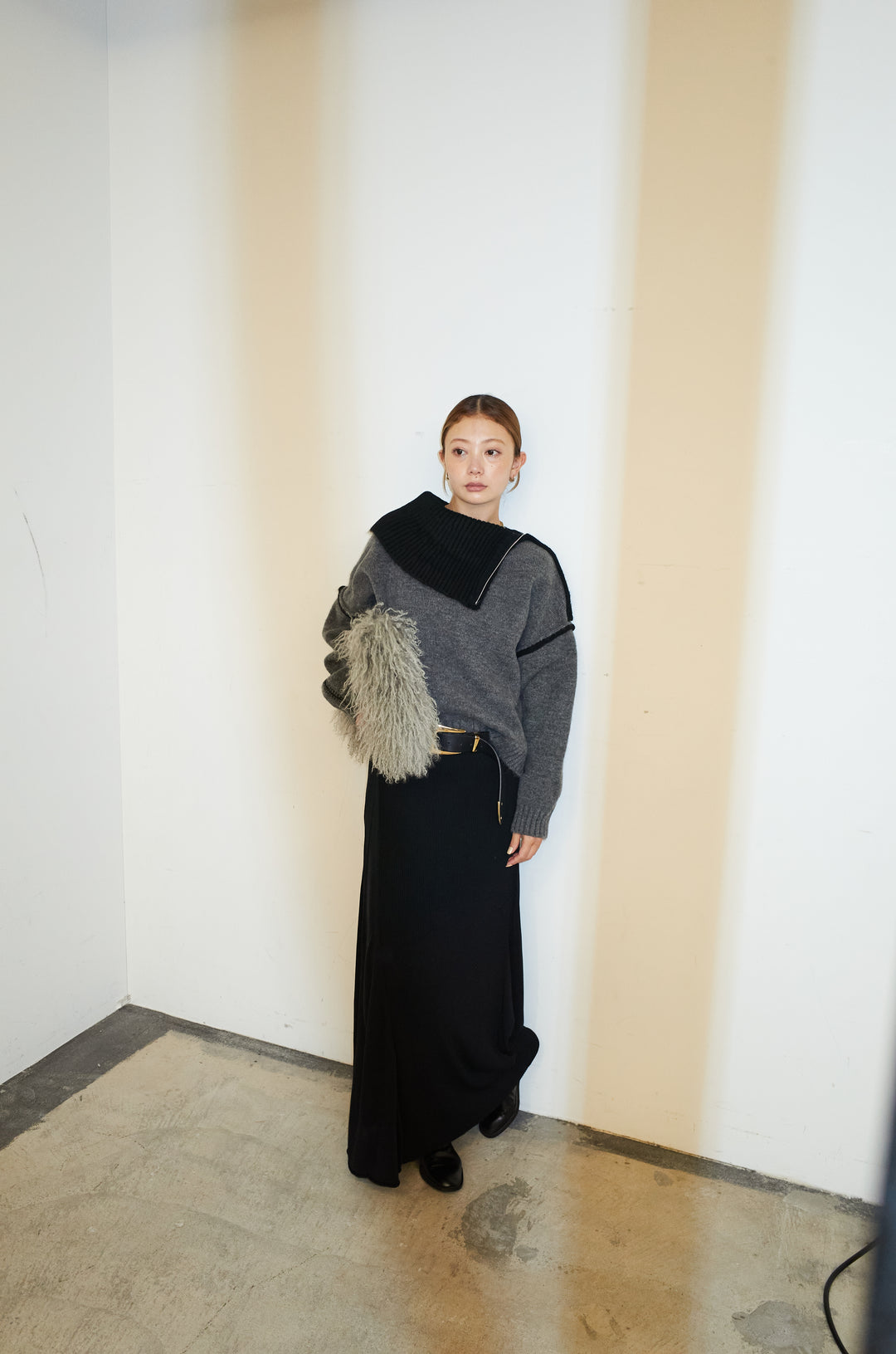 [予約/SET]ハイネックジップデザインニットトップス+切り替えリブニットロングスカート(2set)