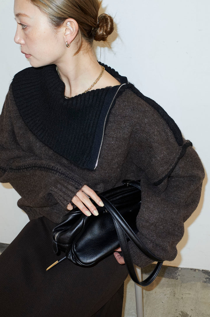 [予約/SET]ハイネックジップデザインニットトップス+切り替えリブニットロングスカート(2set)