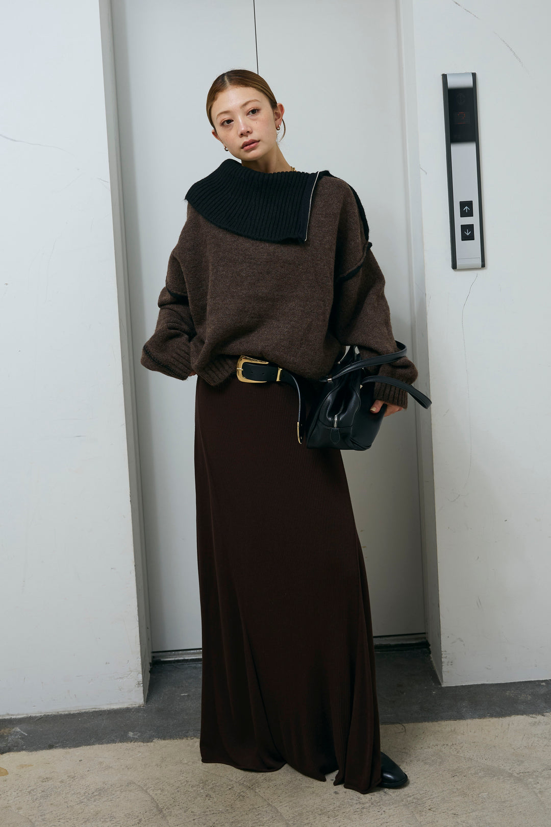 [予約/SET]ハイネックジップデザインニットトップス+切り替えリブニットロングスカート(2set)