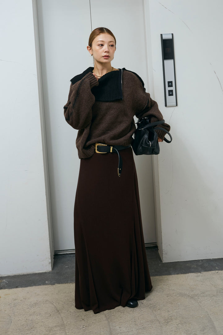 [予約/SET]ハイネックジップデザインニットトップス+切り替えリブニットロングスカート(2set)