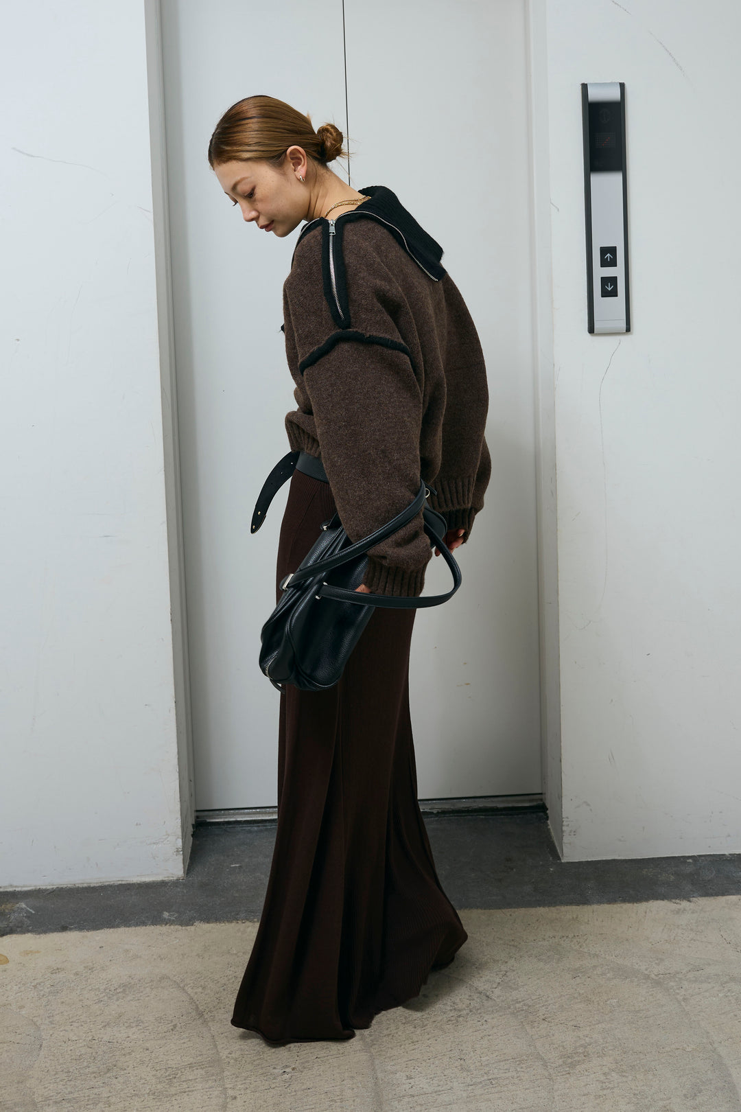 [予約/SET]ハイネックジップデザインニットトップス+切り替えリブニットロングスカート(2set)