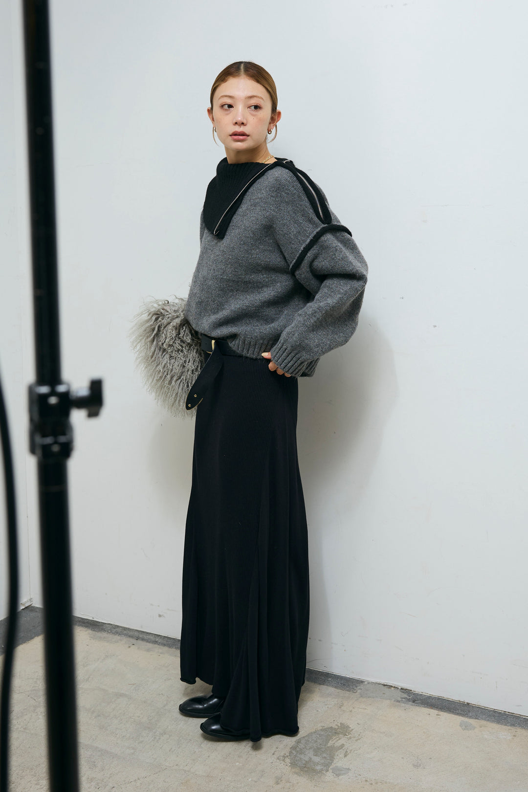 [予約/SET]ハイネックジップデザインニットトップス+切り替えリブニットロングスカート(2set)
