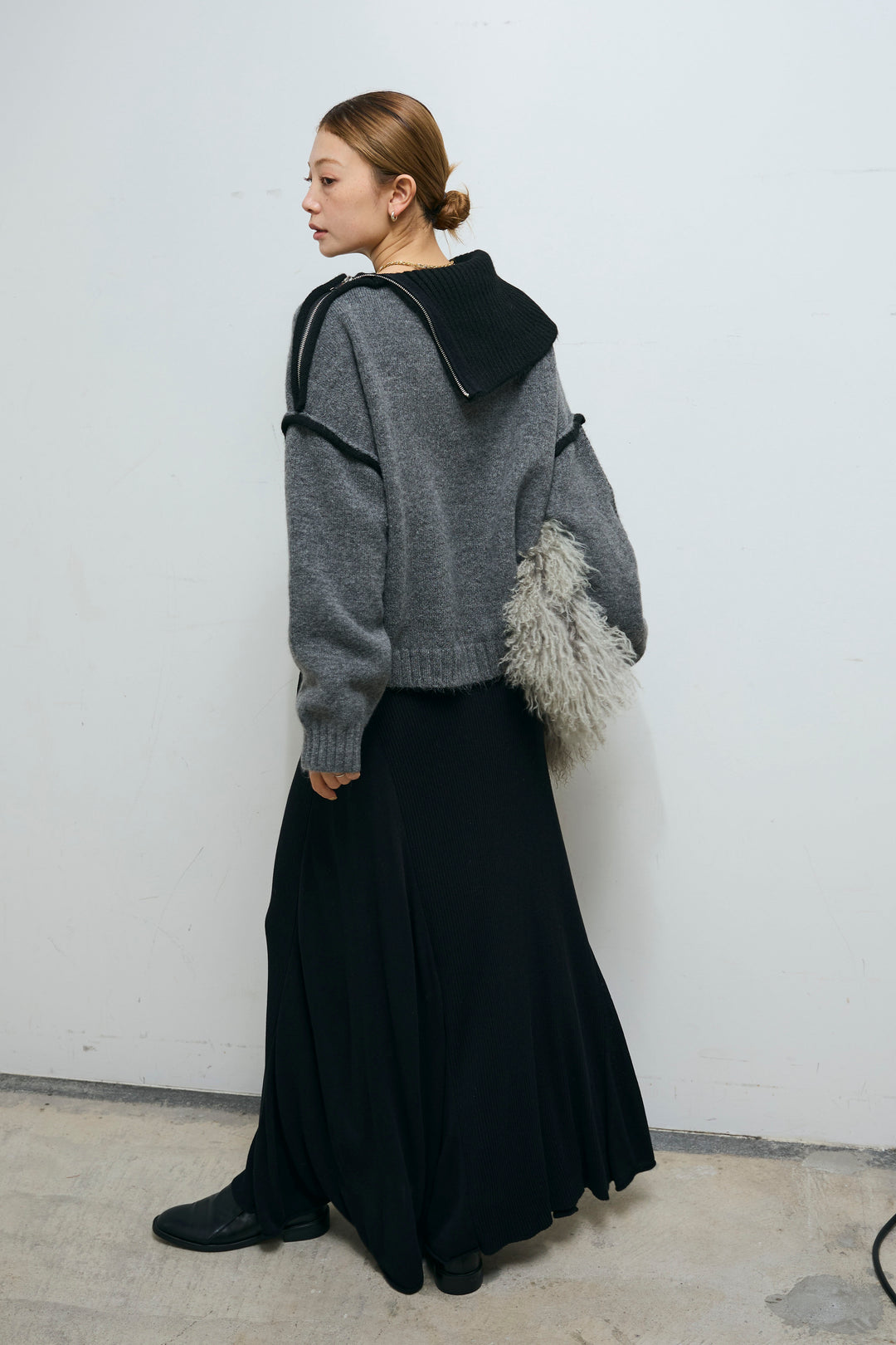 [予約/SET]ハイネックジップデザインニットトップス+切り替えリブニットロングスカート(2set)