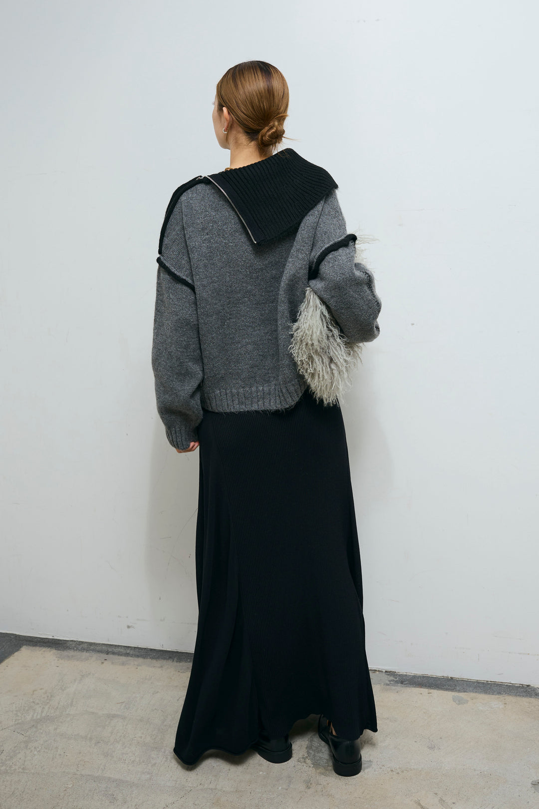 [予約/SET]ハイネックジップデザインニットトップス+切り替えリブニットロングスカート(2set)