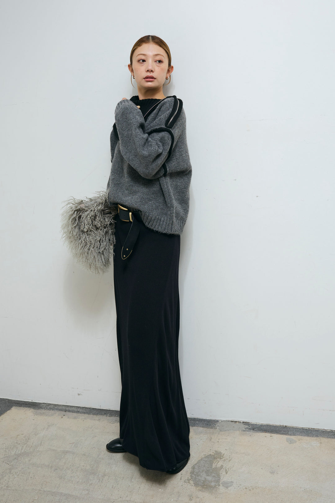[予約/SET]ハイネックジップデザインニットトップス+切り替えリブニットロングスカート(2set)