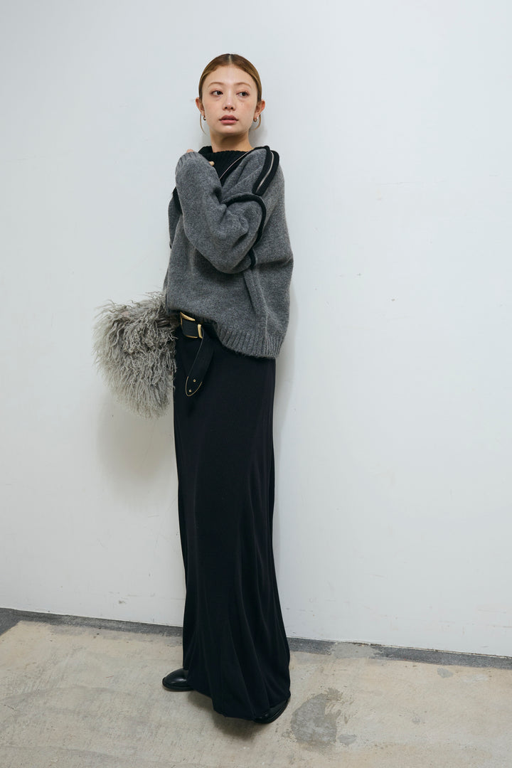 [予約/SET]ハイネックジップデザインニットトップス+切り替えリブニットロングスカート(2set)