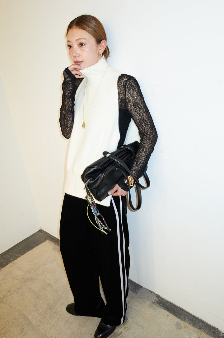 [予約/SET]ハイネックワイドーオープンニットベスト+シアーレーストップス+サイドラインベロアパンツ(3set)