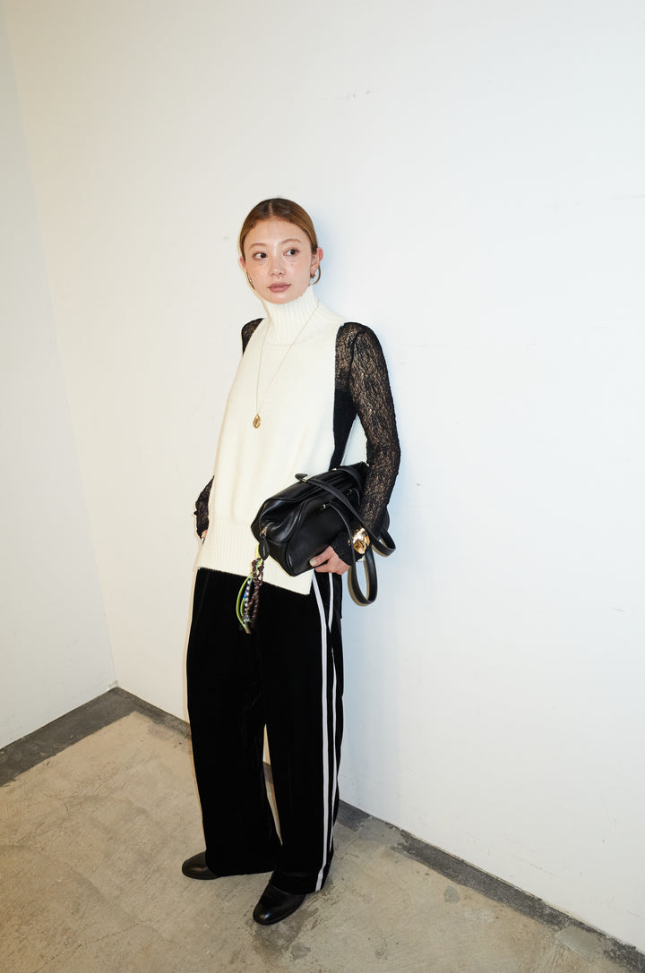 [予約/SET]ハイネックワイドーオープンニットベスト+シアーレーストップス+サイドラインベロアパンツ(3set)