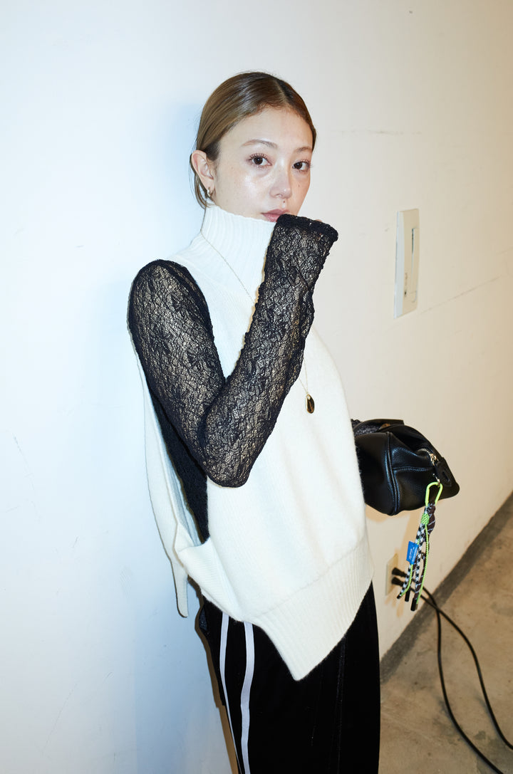 [予約/SET]ハイネックワイドーオープンニットベスト+シアーレーストップス+サイドラインベロアパンツ(3set)