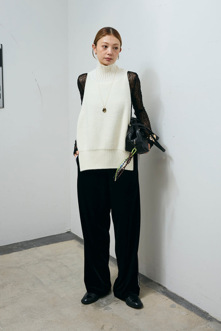 [予約/SET]ハイネックワイドーオープンニットベスト+シアーレーストップス+サイドラインベロアパンツ(3set)