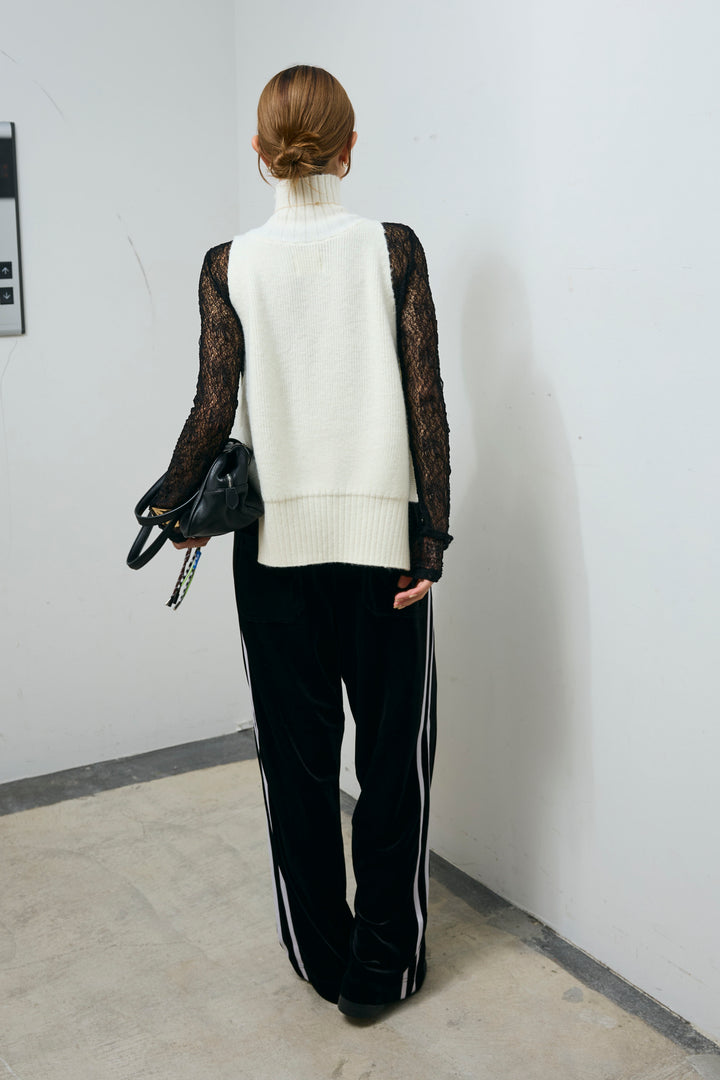 [予約/SET]ハイネックワイドーオープンニットベスト+シアーレーストップス+サイドラインベロアパンツ(3set)