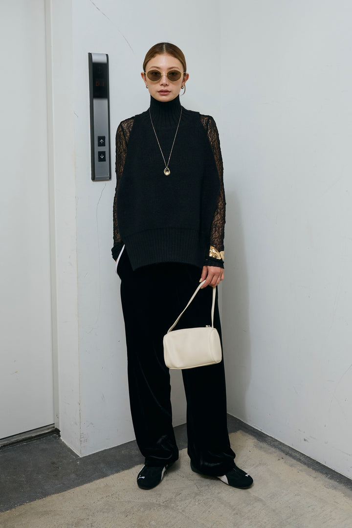 [予約/SET]ハイネックワイドーオープンニットベスト+シアーレーストップス+サイドラインベロアパンツ(3set)