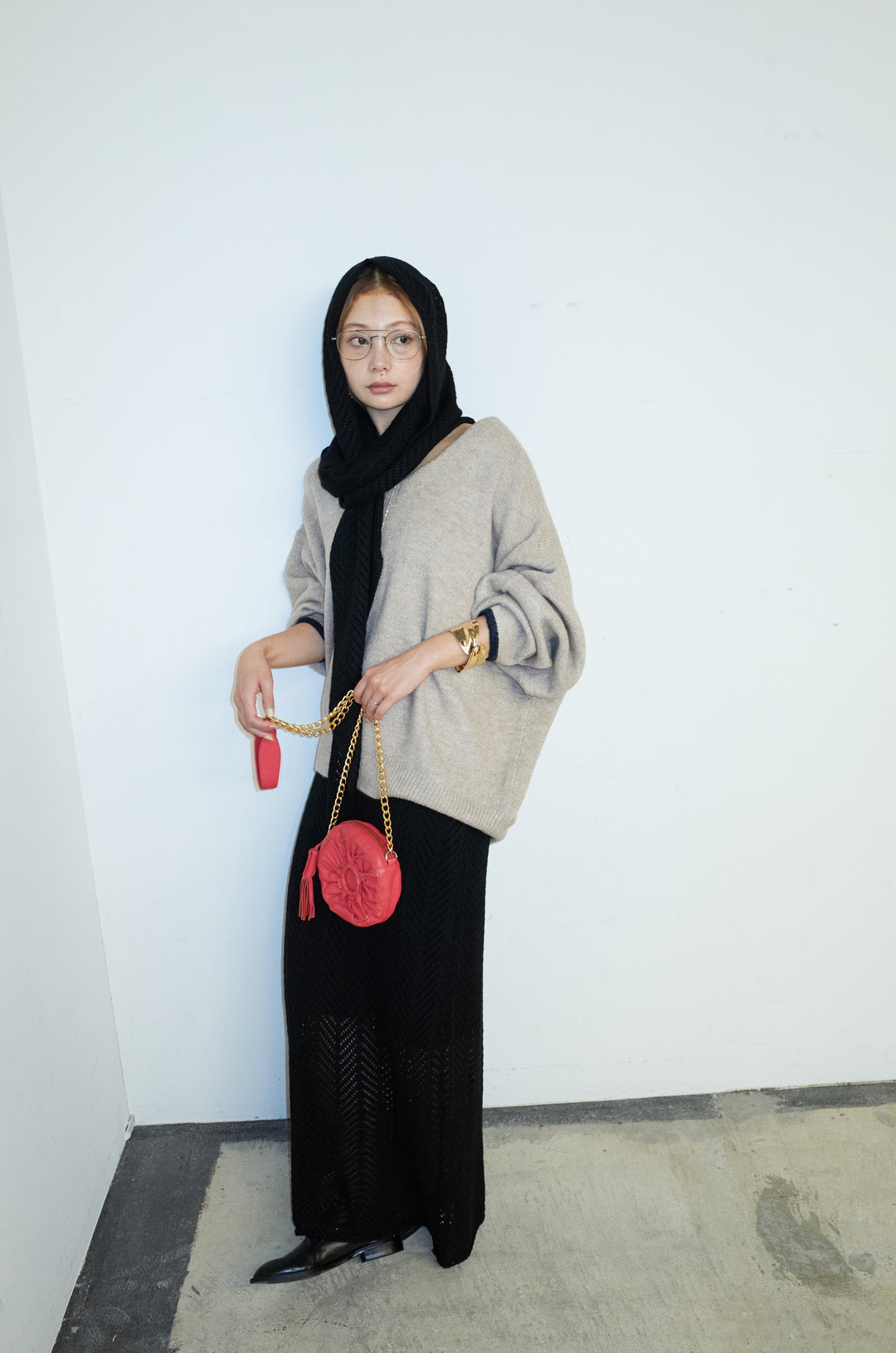 [予約/SET]バイカラーコクーンニット+スカーフ付き透かし編みニットスカート(2set)