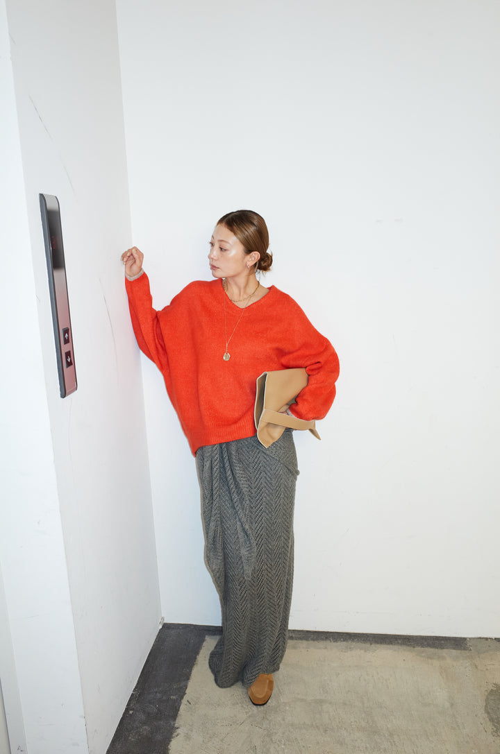 [予約/SET]バイカラーコクーンニット+スカーフ付き透かし編みニットスカート(2set)