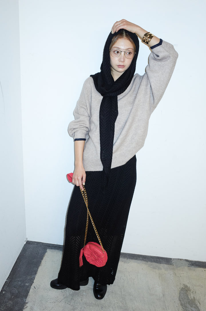 [予約/SET]バイカラーコクーンニット+スカーフ付き透かし編みニットスカート(2set)