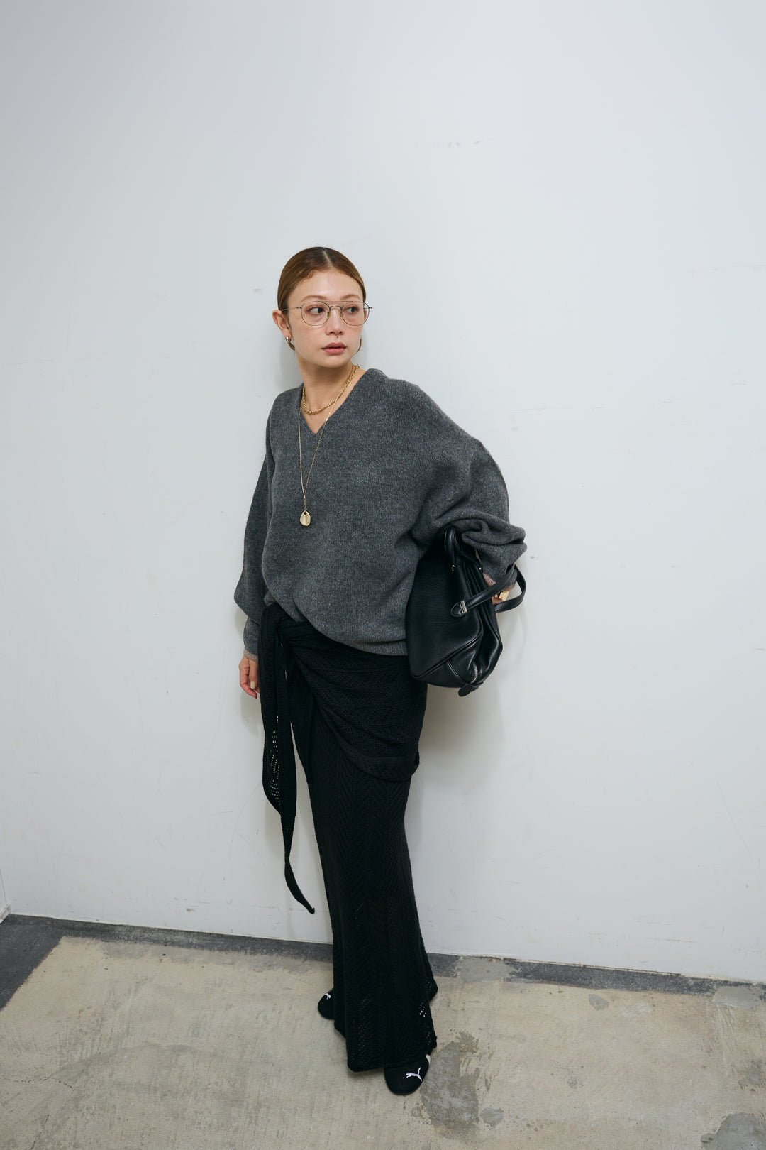 [予約/SET]バイカラーコクーンニット+スカーフ付き透かし編みニットスカート(2set)