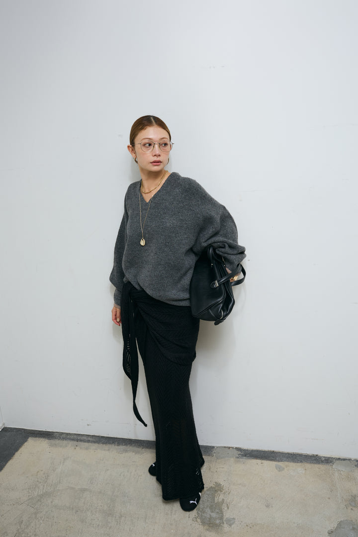 [予約/SET]バイカラーコクーンニット+スカーフ付き透かし編みニットスカート(2set)