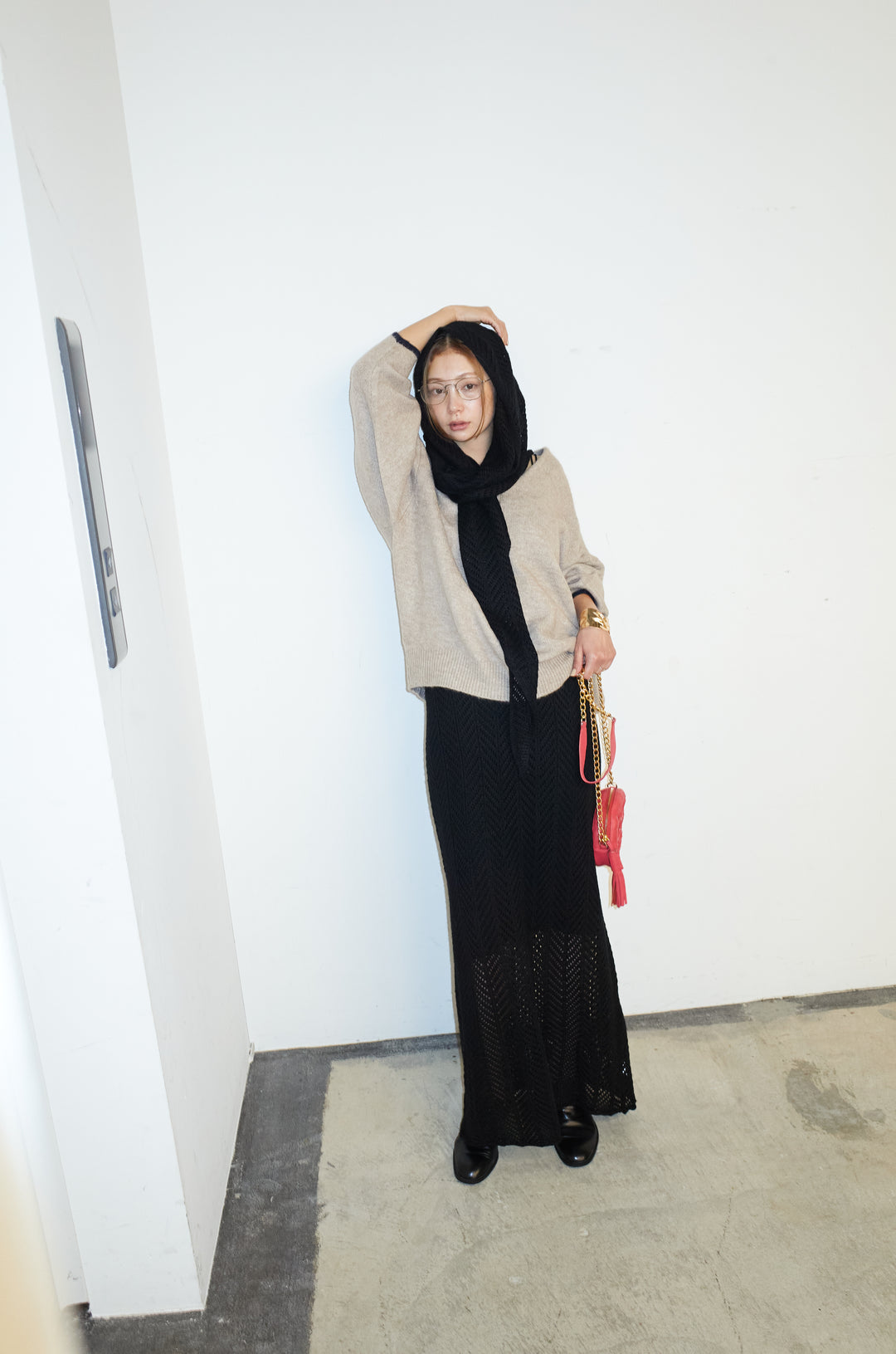 [予約/SET]バイカラーコクーンニット+スカーフ付き透かし編みニットスカート(2set)