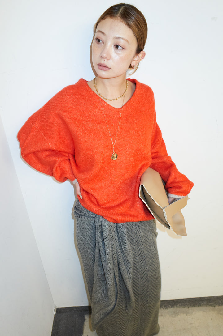 [予約/SET]バイカラーコクーンニット+スカーフ付き透かし編みニットスカート(2set)