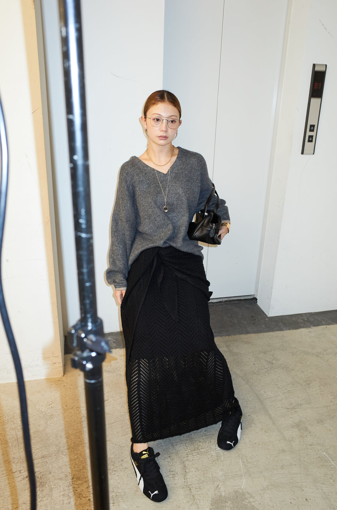 [予約/SET]バイカラーコクーンニット+スカーフ付き透かし編みニットスカート(2set)