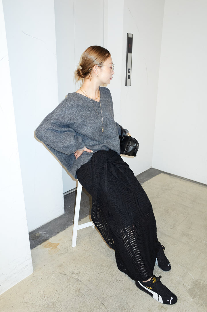 [予約/SET]バイカラーコクーンニット+スカーフ付き透かし編みニットスカート(2set)