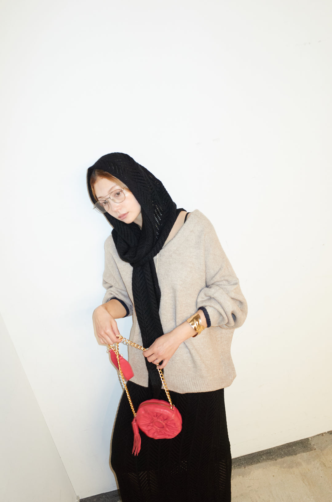 [予約/SET]バイカラーコクーンニット+スカーフ付き透かし編みニットスカート(2set)