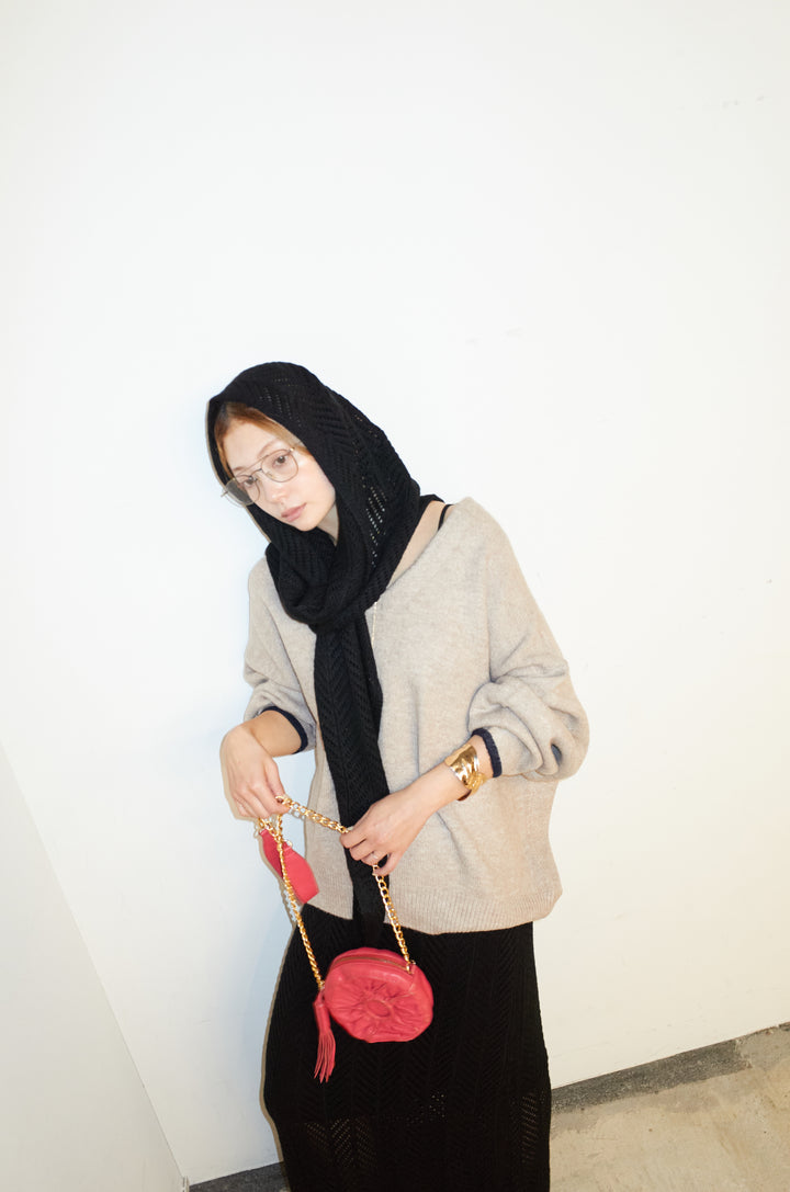 [予約/SET]バイカラーコクーンニット+スカーフ付き透かし編みニットスカート(2set)