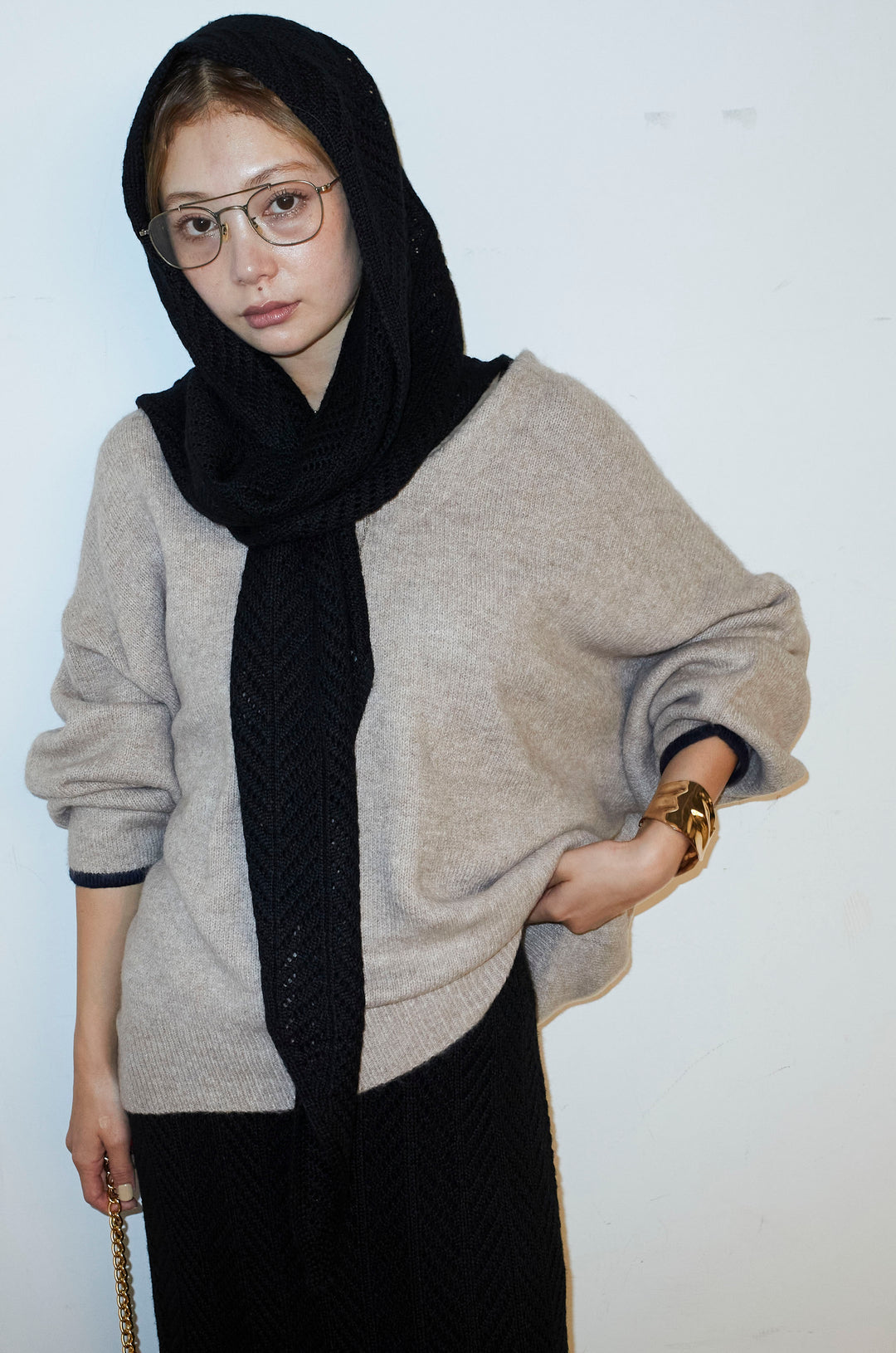 [予約/SET]バイカラーコクーンニット+スカーフ付き透かし編みニットスカート(2set)