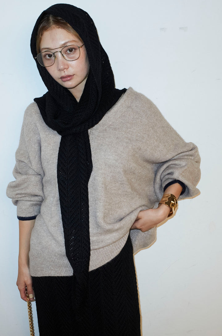 [予約/SET]バイカラーコクーンニット+スカーフ付き透かし編みニットスカート(2set)