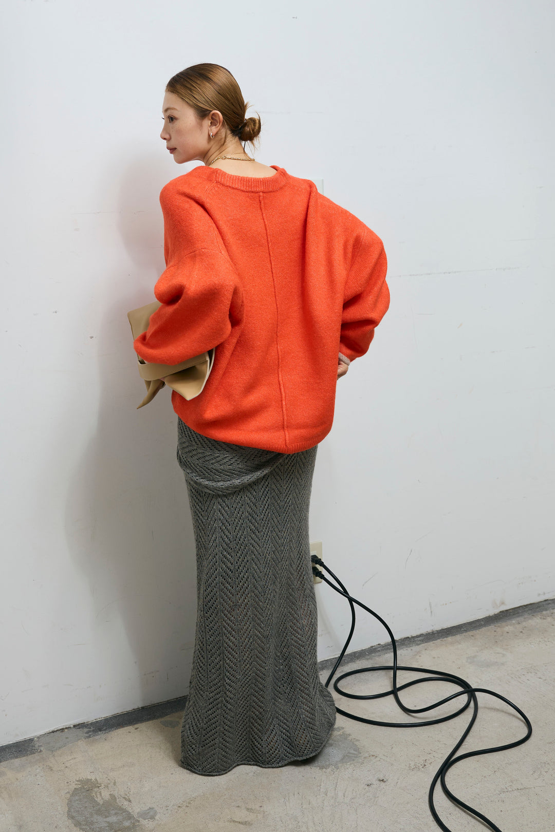 [予約/SET]バイカラーコクーンニット+スカーフ付き透かし編みニットスカート(2set)