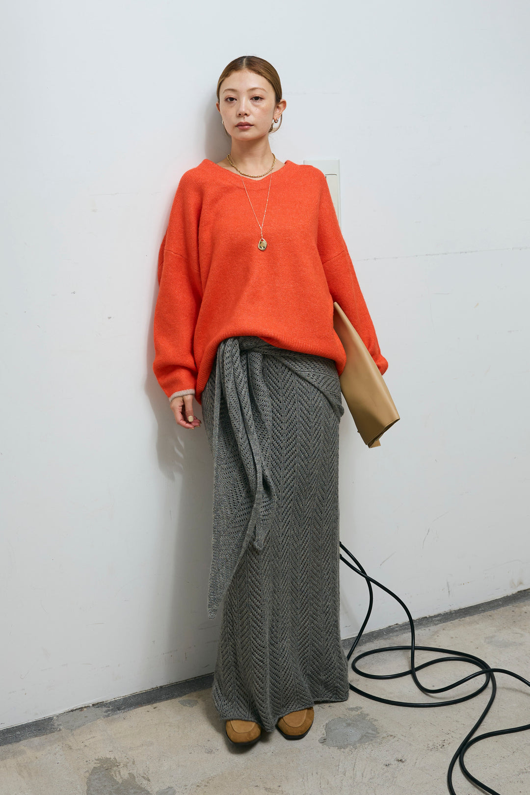 [予約/SET]バイカラーコクーンニット+スカーフ付き透かし編みニットスカート(2set)