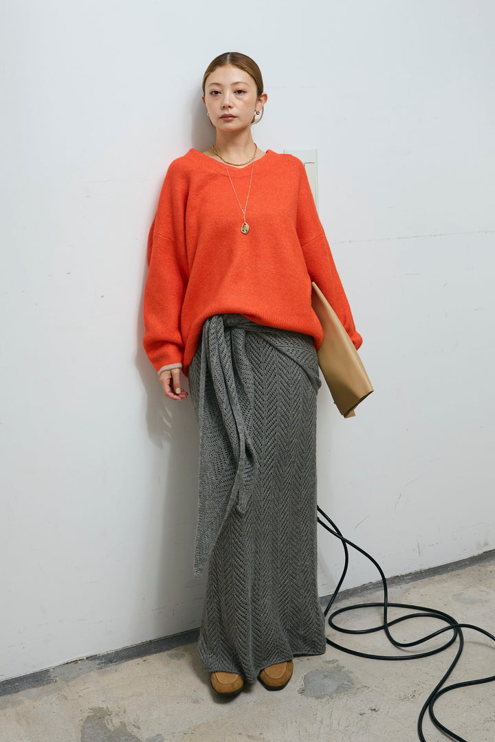 [予約/SET]バイカラーコクーンニット+スカーフ付き透かし編みニットスカート(2set)