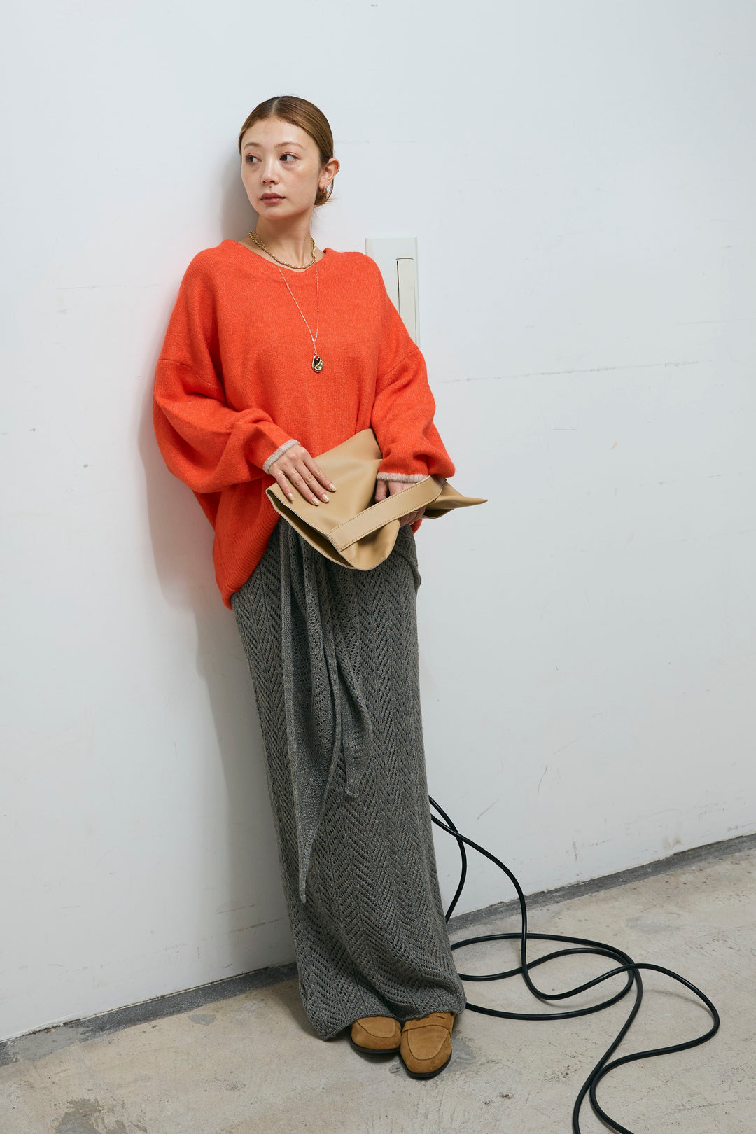 [予約/SET]バイカラーコクーンニット+スカーフ付き透かし編みニットスカート(2set)