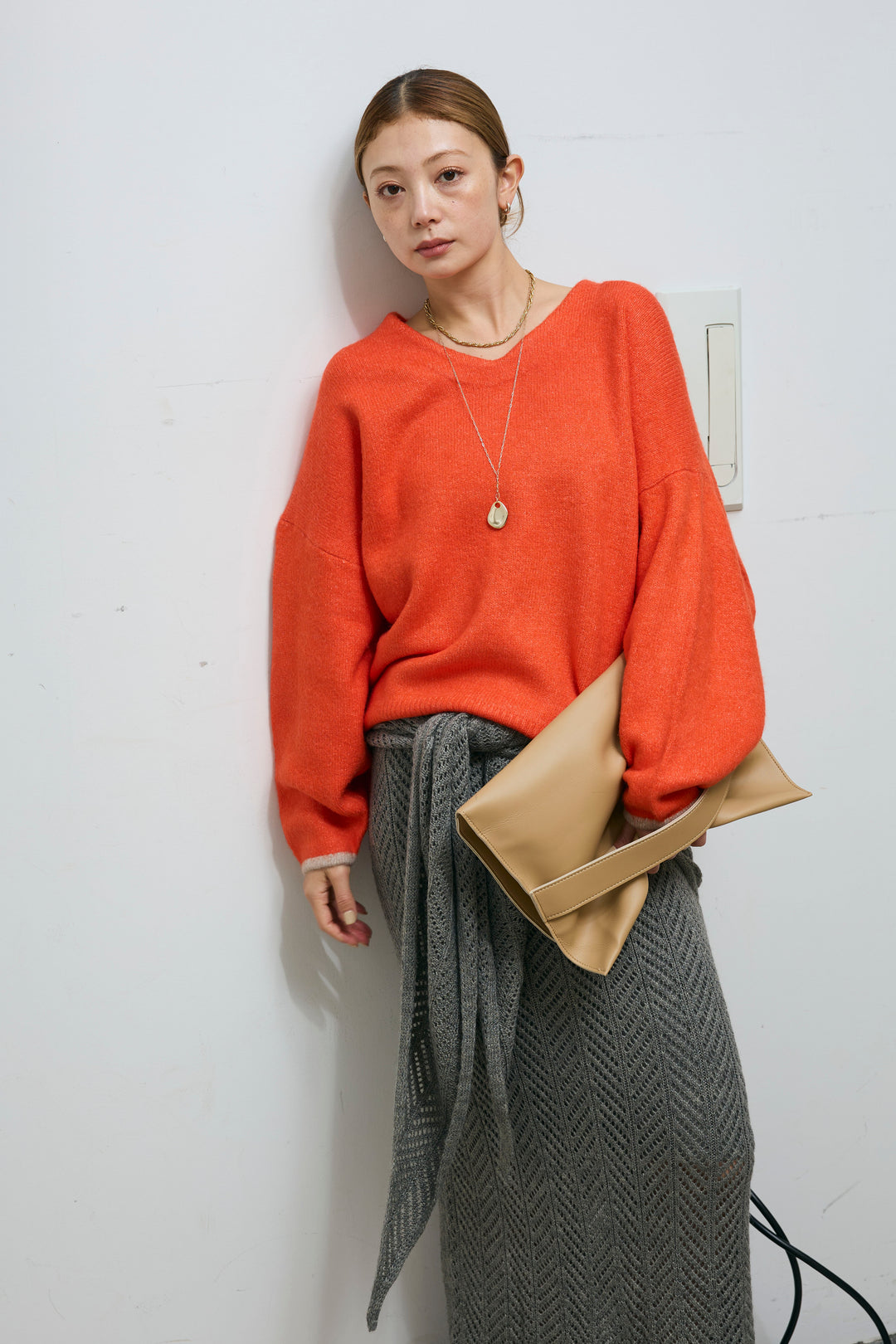 [予約/SET]バイカラーコクーンニット+スカーフ付き透かし編みニットスカート(2set)