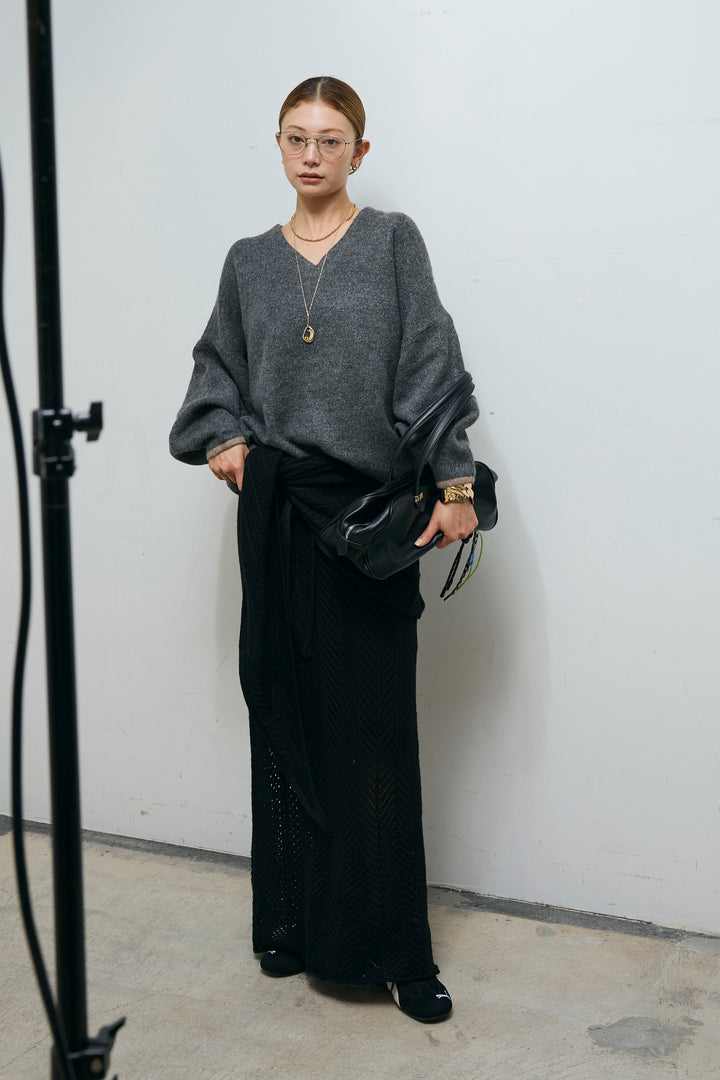 [予約/SET]バイカラーコクーンニット+スカーフ付き透かし編みニットスカート(2set)