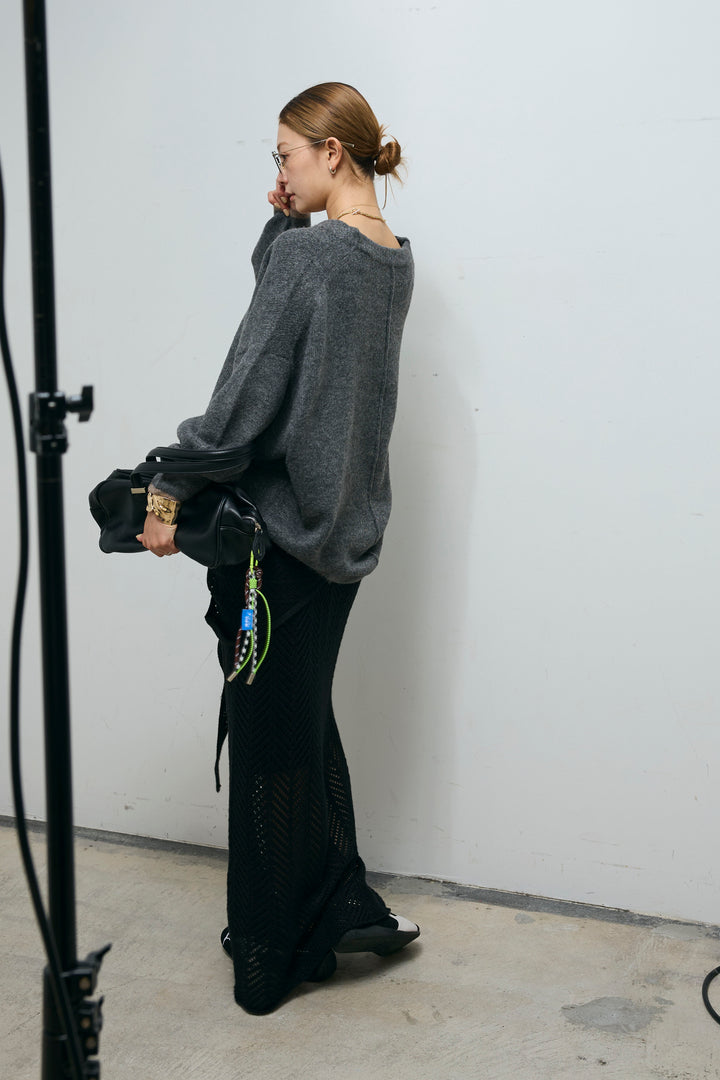 [予約/SET]バイカラーコクーンニット+スカーフ付き透かし編みニットスカート(2set)