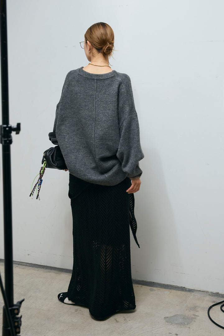 [予約/SET]バイカラーコクーンニット+スカーフ付き透かし編みニットスカート(2set)